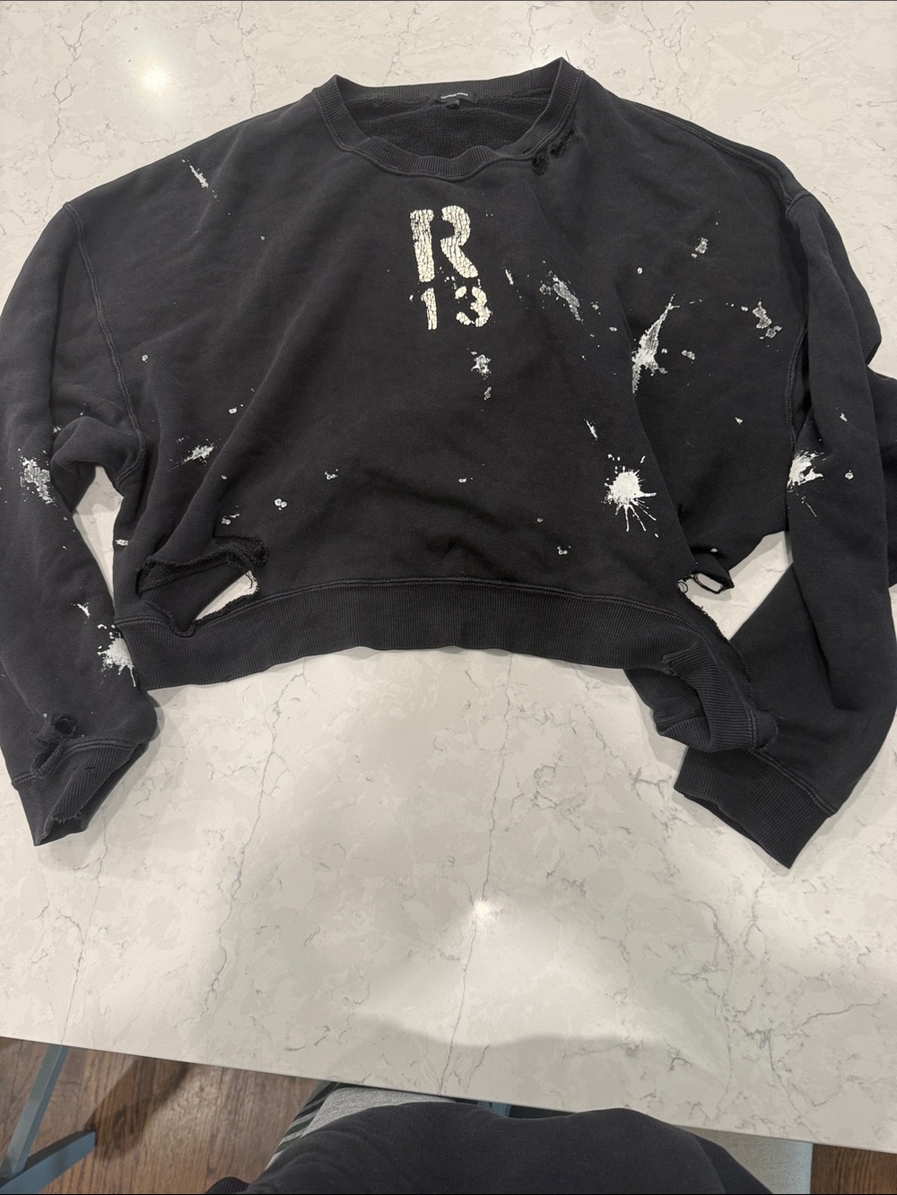 Black Distressed Paint-Splatter Crewneck Sweater